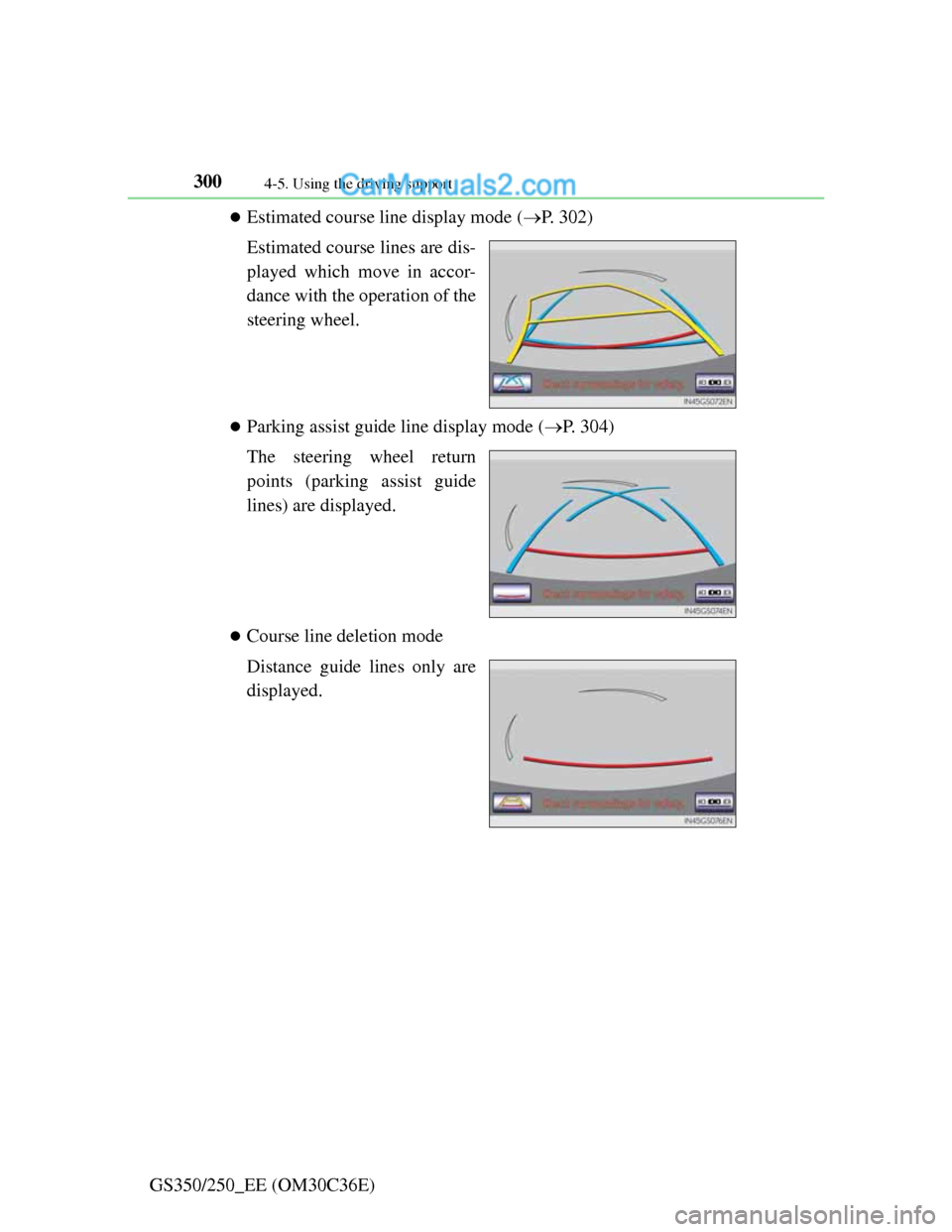 Lexus GS250 2012 Owners Manual 3004-5. Using the driving support
GS350/250_EE (OM30C36E)
Estimated course line display mode (P. 302)
Estimated course lines are dis-
played which move in accor-
dance with the operation of the
Lexus GS250 2012 Owners Manual 3004-5. Using the driving support
GS350/250_EE (OM30C36E)
Estimated course line display mode (P. 302)
Estimated course lines are dis-
played which move in accor-
dance with the operation of the
