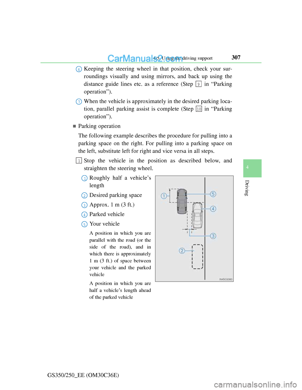 Lexus GS250 2012 Owners Manual 3074-5. Using the driving support
4
Driving
GS350/250_EE (OM30C36E)Keeping the steering wheel in that position, check your sur-
roundings visually and using mirrors, and back up using the
distance gui Lexus GS250 2012 Owners Manual 3074-5. Using the driving support
4
Driving
GS350/250_EE (OM30C36E)Keeping the steering wheel in that position, check your sur-
roundings visually and using mirrors, and back up using the
distance gui