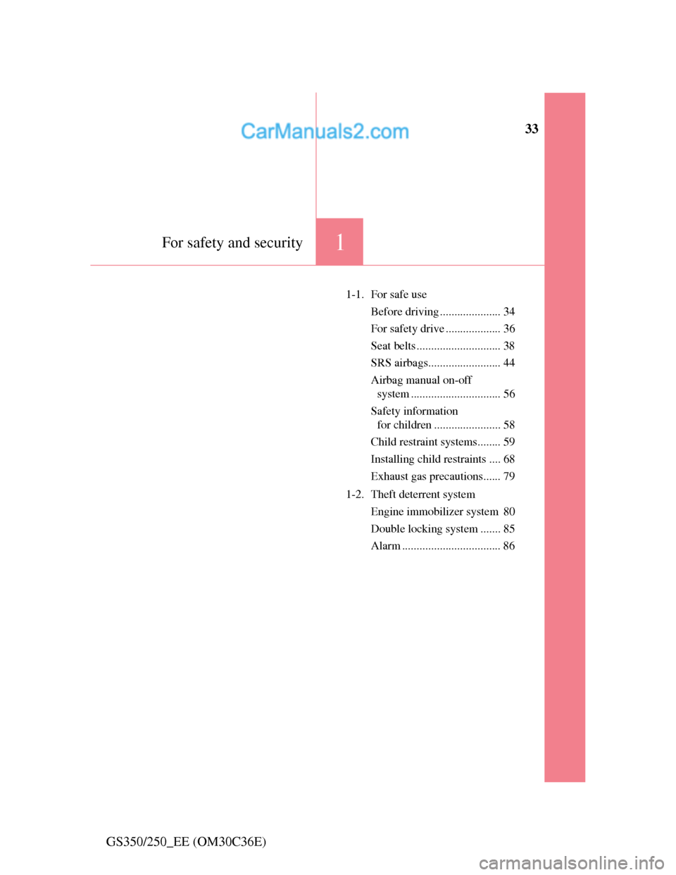 Lexus GS250 2012  Owners Manual 33
1For safety and security
GS350/250_EE (OM30C36E)
1-1. For safe use
Before driving ..................... 34
For safety drive ................... 36
Seat belts ............................. 38
SRS ai