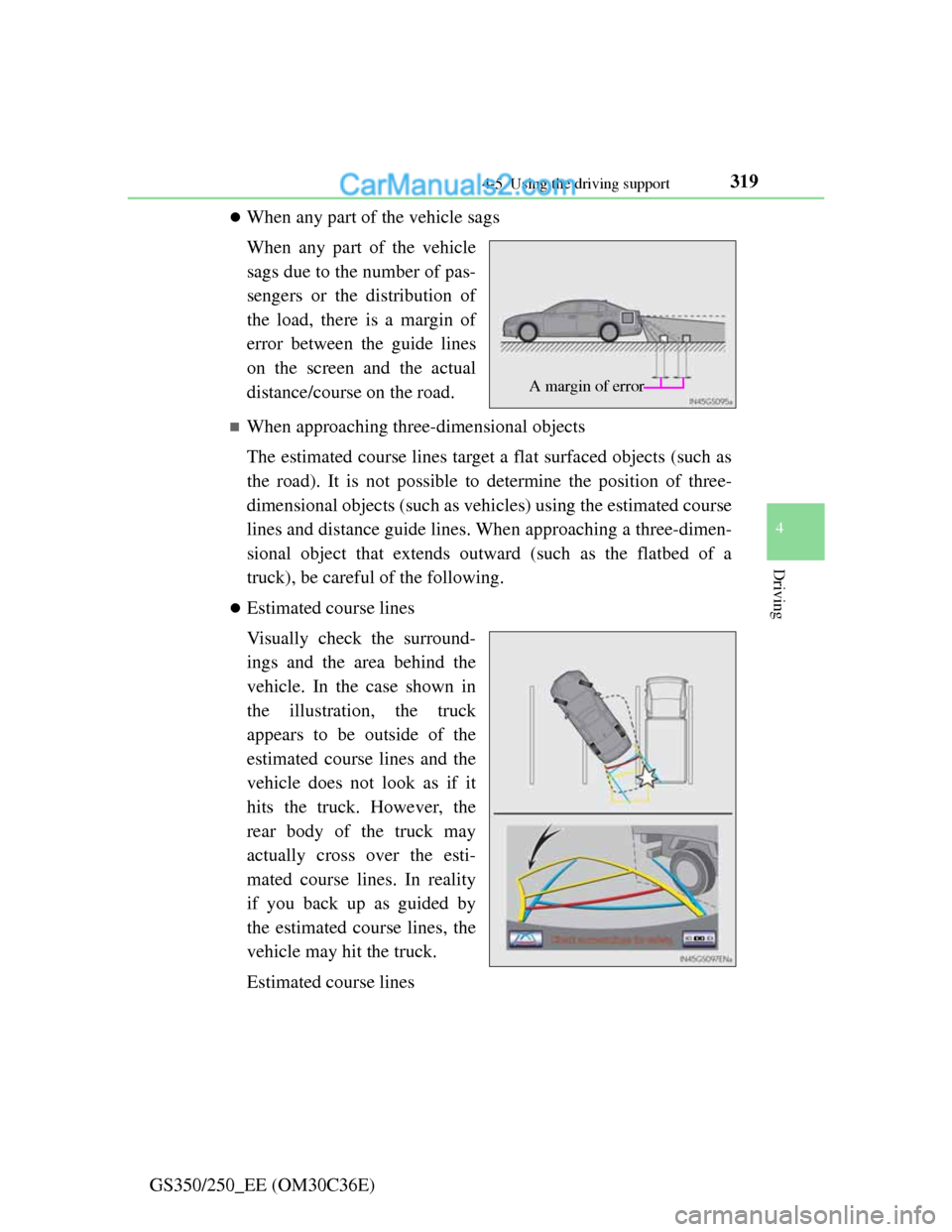 Lexus GS250 2012 Owners Manual 3194-5. Using the driving support
4
Driving
GS350/250_EE (OM30C36E)
When any part of the vehicle sags
When any part of the vehicle
sags due to the number of pas-
sengers or the distribution of
the Lexus GS250 2012 Owners Manual 3194-5. Using the driving support
4
Driving
GS350/250_EE (OM30C36E)
When any part of the vehicle sags
When any part of the vehicle
sags due to the number of pas-
sengers or the distribution of
the