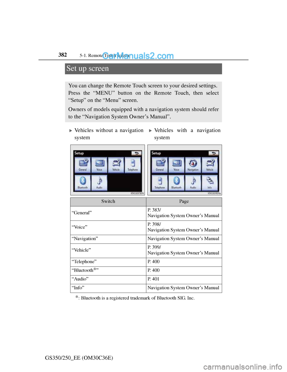 Lexus GS250 2012  Owners Manual 3825-1. Remote Touch screen
GS350/250_EE (OM30C36E)
Set up screen
*: Bluetooth is a registered trademark of Bluetooth SIG. Inc.
You can change the Remote Touch screen to your desired settings. 
Press 