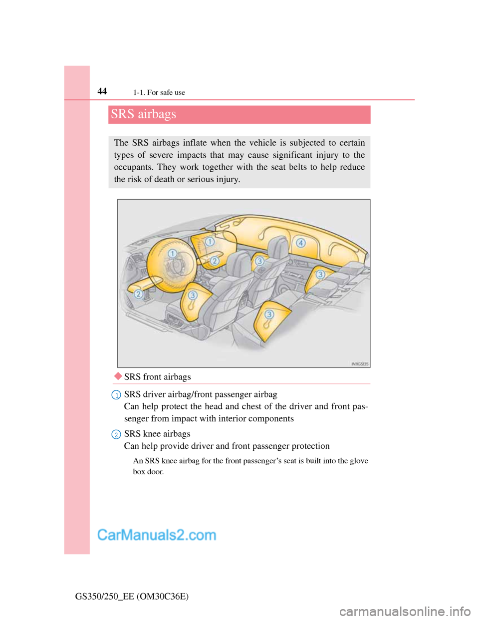 Lexus GS250 2012  Owners Manual 441-1. For safe use
GS350/250_EE (OM30C36E)
SRS airbags
SRS front airbags
SRS driver airbag/front passenger airbag
Can help protect the head and chest of the driver and front pas-
senger from impac