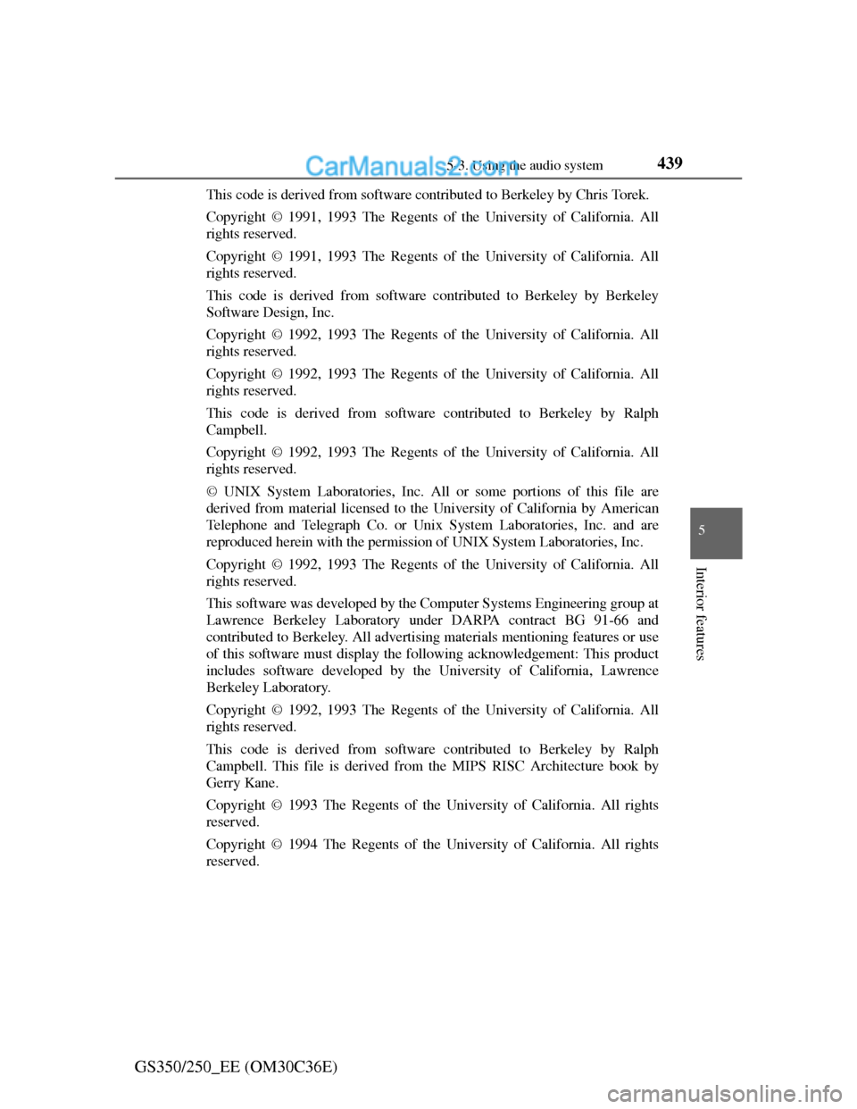 Lexus GS250 2012 Owners Manual 4395-3. Using the audio system
5
Interior features
GS350/250_EE (OM30C36E)
This code is derived from software contributed to Berkeley by Chris Torek.
Copyright © 1991, 1993 The Regents of the Univers Lexus GS250 2012 Owners Manual 4395-3. Using the audio system
5
Interior features
GS350/250_EE (OM30C36E)
This code is derived from software contributed to Berkeley by Chris Torek.
Copyright © 1991, 1993 The Regents of the Univers