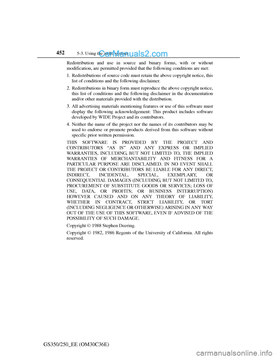 Lexus GS250 2012 Owners Manual 4525-3. Using the audio system
GS350/250_EE (OM30C36E)
Redistribution and use in source and binary forms, with or without
modification, are permitted provided that the following conditions are met:
1. Lexus GS250 2012 Owners Manual 4525-3. Using the audio system
GS350/250_EE (OM30C36E)
Redistribution and use in source and binary forms, with or without
modification, are permitted provided that the following conditions are met:
1.