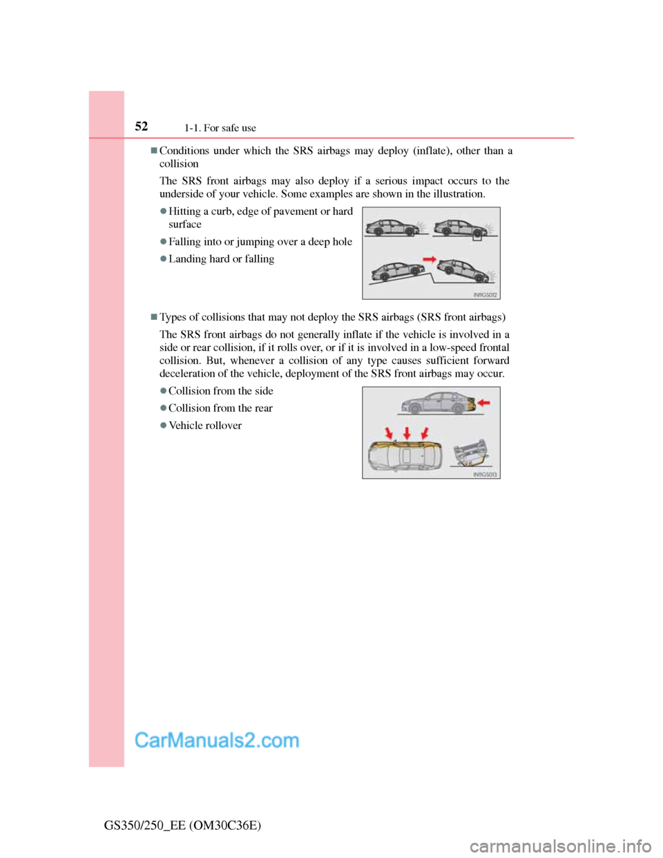 Lexus GS250 2012  Owners Manual 521-1. For safe use
GS350/250_EE (OM30C36E)
Conditions under which the SRS airbags may deploy (inflate), other than a
collision 
The SRS front airbags may also deploy if a serious impact occurs to 