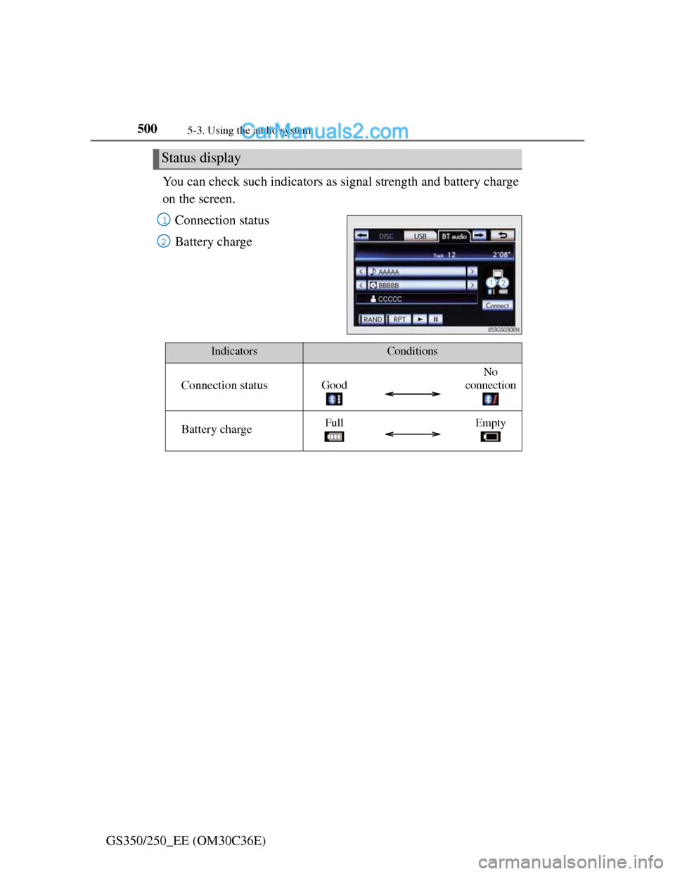 Lexus GS250 2012  Owners Manual 5005-3. Using the audio system
GS350/250_EE (OM30C36E)You can check such indicators as signal strength and battery charge
on the screen.
Connection status
Battery charge
Status display
1
2
IndicatorsC
