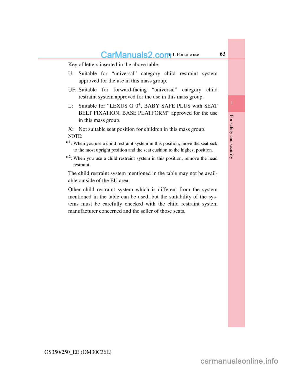 Lexus GS250 2012  Owners Manual 631-1. For safe use
1
For safety and security
GS350/250_EE (OM30C36E)Key of letters inserted in the above table:
U: Suitable for “universal” category child restraint system
approved for the use in