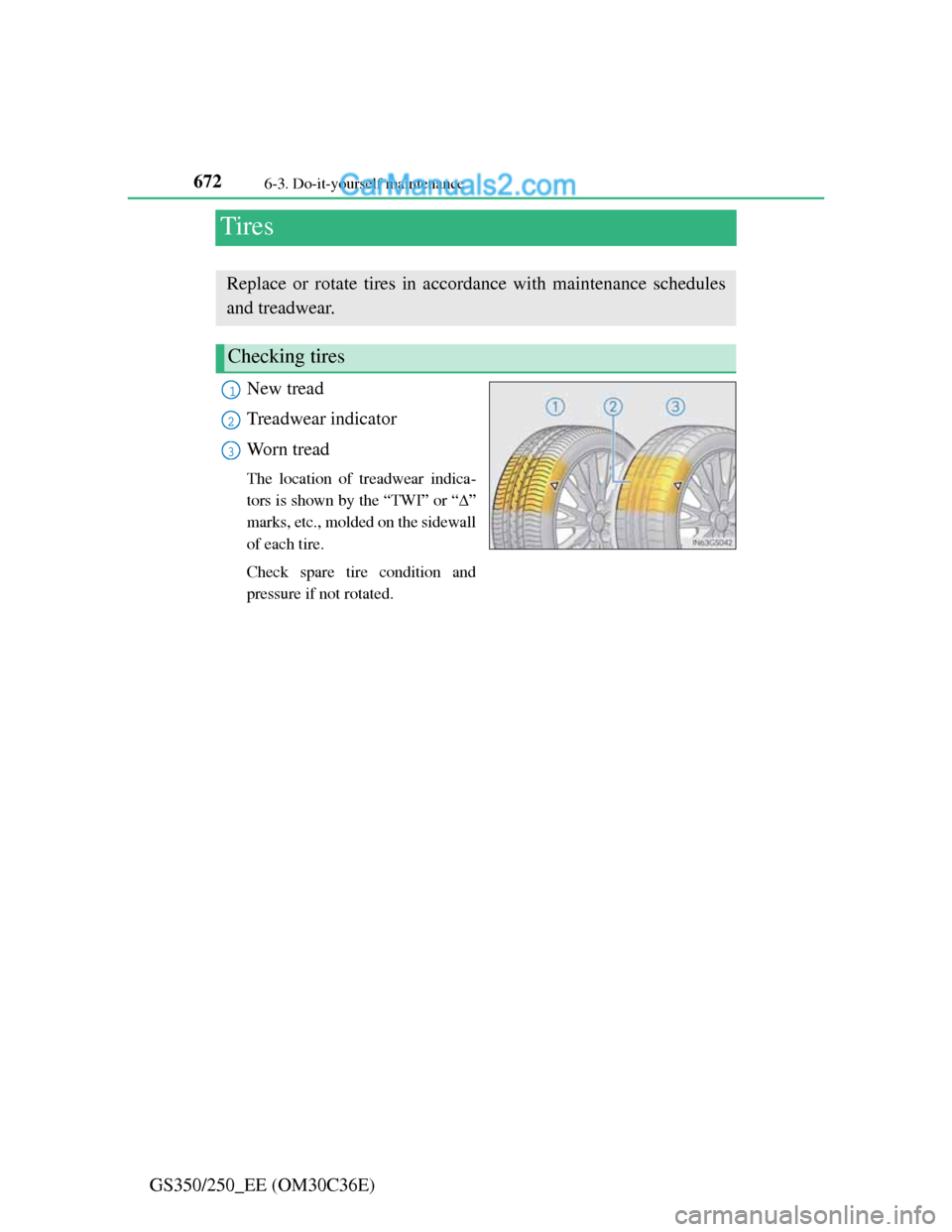 Lexus GS250 2012 Owners Manual 6726-3. Do-it-yourself maintenance
GS350/250_EE (OM30C36E)
Tires
New tread
Treadwear indicator
Worn tread
The location of treadwear indica-
tors is shown by the “TWI” or “”
marks, etc., mol Lexus GS250 2012 Owners Manual 6726-3. Do-it-yourself maintenance
GS350/250_EE (OM30C36E)
Tires
New tread
Treadwear indicator
Worn tread
The location of treadwear indica-
tors is shown by the “TWI” or “”
marks, etc., mol