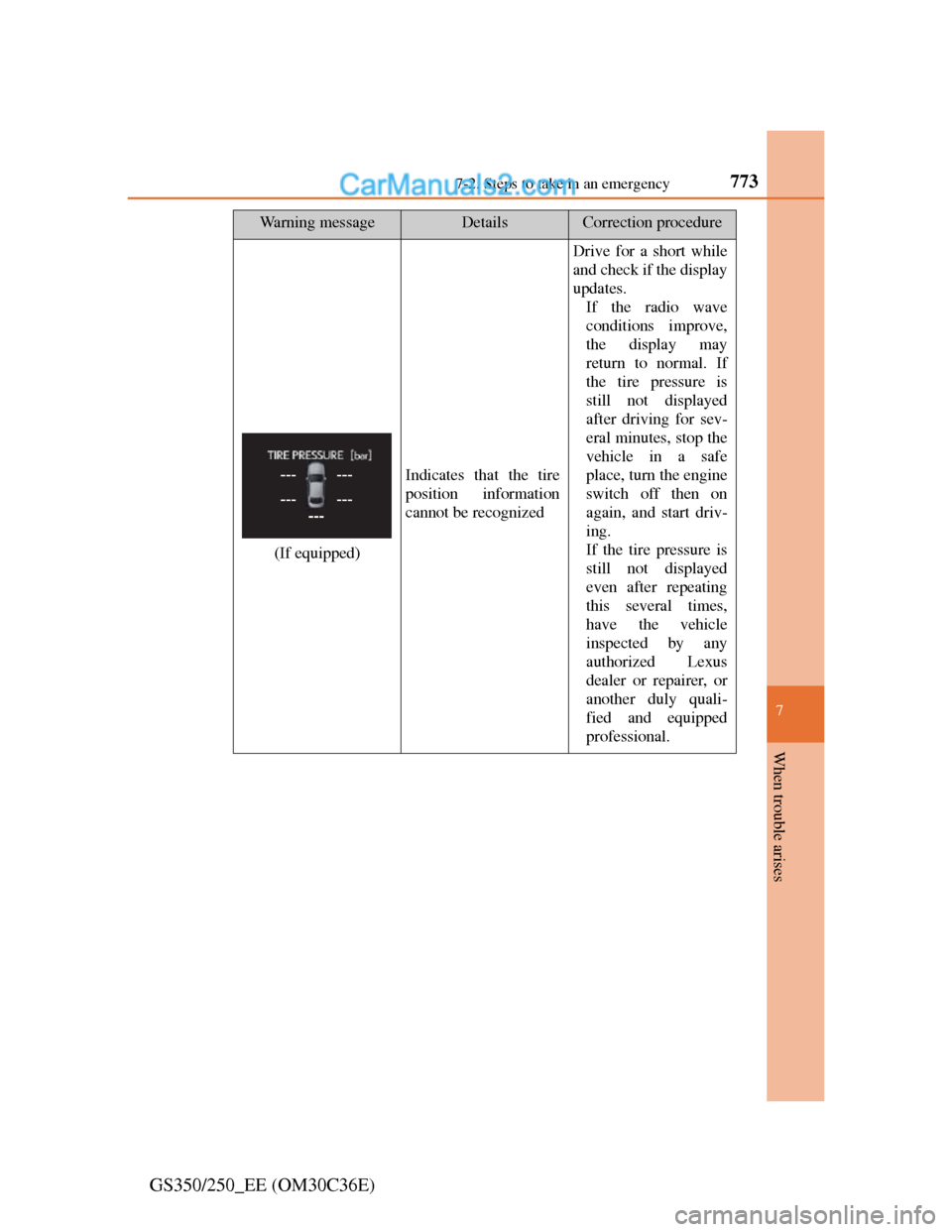 Lexus GS250 2012 Owners Guide 7737-2. Steps to take in an emergency
7
When trouble arises
GS350/250_EE (OM30C36E)
Wa r n i n g  m e s s a g eDetailsCorrection procedure
(If equipped)
Indicates that the tire
position information
ca