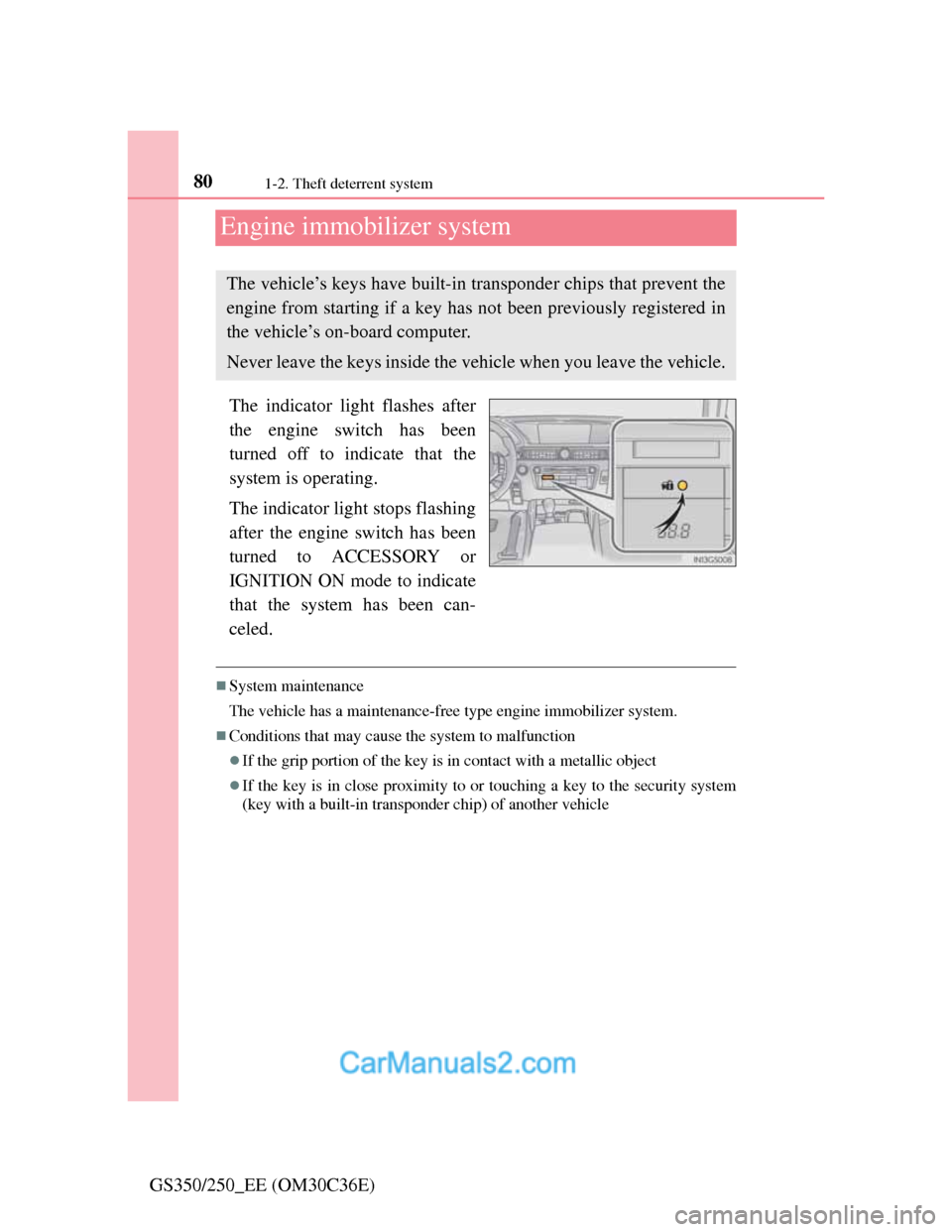 Lexus GS250 2012  Owners Manual 801-2. Theft deterrent system
GS350/250_EE (OM30C36E)
Engine immobilizer system
The indicator light flashes after
the engine switch has been
turned off to indicate that the
system is operating.
The in