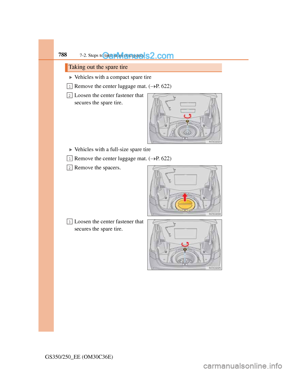 Lexus GS250 2012  Owners Manual 7887-2. Steps to take in an emergency
GS350/250_EE (OM30C36E)
Vehicles with a compact spare tire
Remove the center luggage mat. (P. 622)
Loosen the center fastener that
secures the spare tire.
