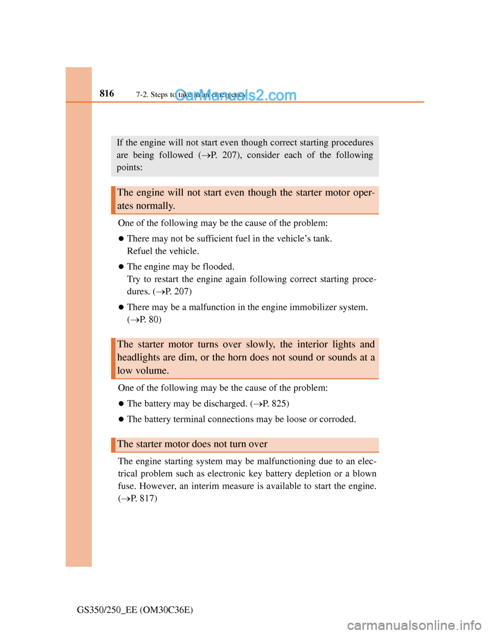Lexus GS250 2012 Owners Guide 8167-2. Steps to take in an emergency
GS350/250_EE (OM30C36E)
If the engine will not start
One of the following may be the cause of the problem:
There may not be sufficient fuel in the vehicle’s Lexus GS250 2012 Owners Guide 8167-2. Steps to take in an emergency
GS350/250_EE (OM30C36E)
If the engine will not start
One of the following may be the cause of the problem:
There may not be sufficient fuel in the vehicle’s