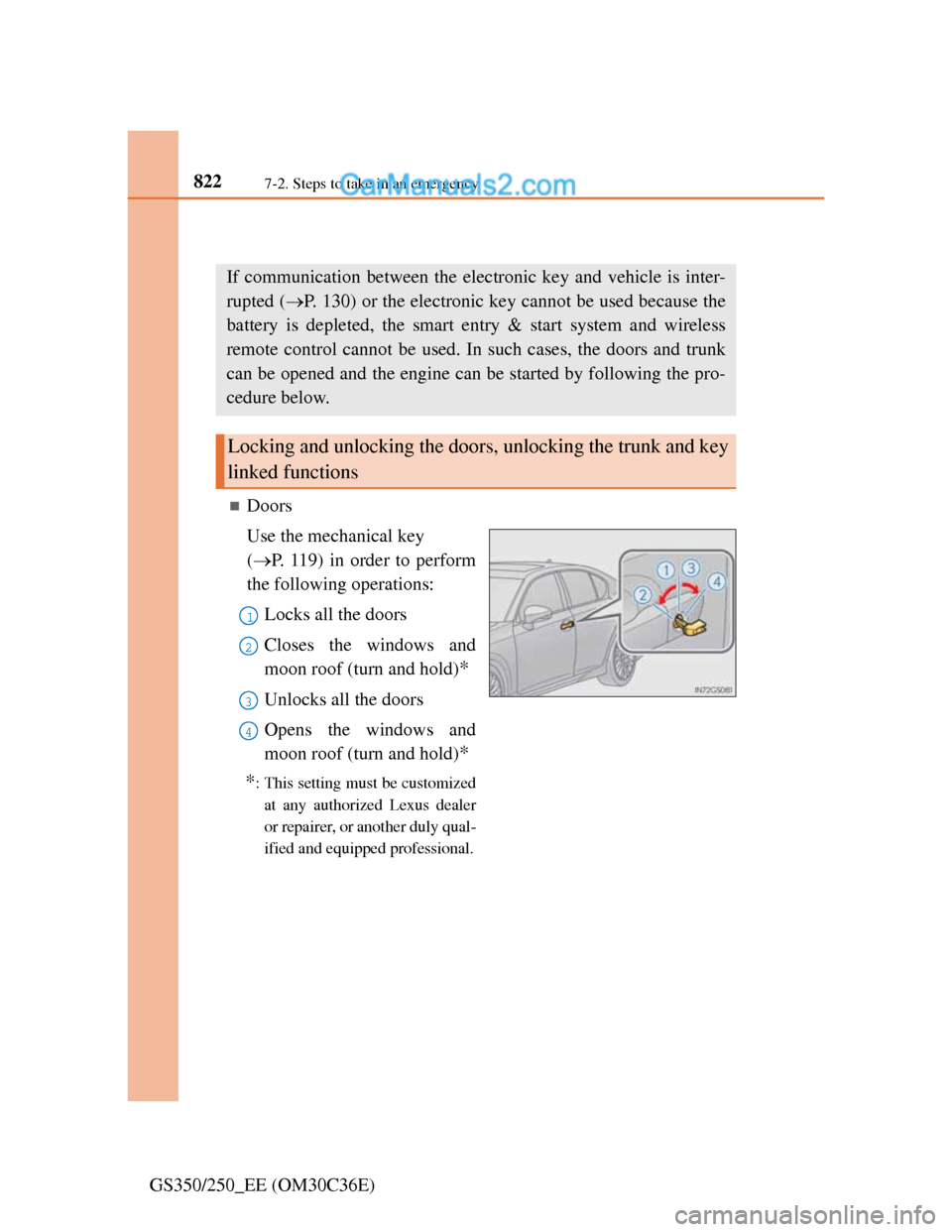 Lexus GS250 2012 Owners Manual 8227-2. Steps to take in an emergency
GS350/250_EE (OM30C36E)
If the electronic key does not operate properly
Doors
Use the mechanical key
(P. 119) in order to perform
the following operations: Lexus GS250 2012 Owners Manual 8227-2. Steps to take in an emergency
GS350/250_EE (OM30C36E)
If the electronic key does not operate properly
Doors
Use the mechanical key
(P. 119) in order to perform
the following operations: