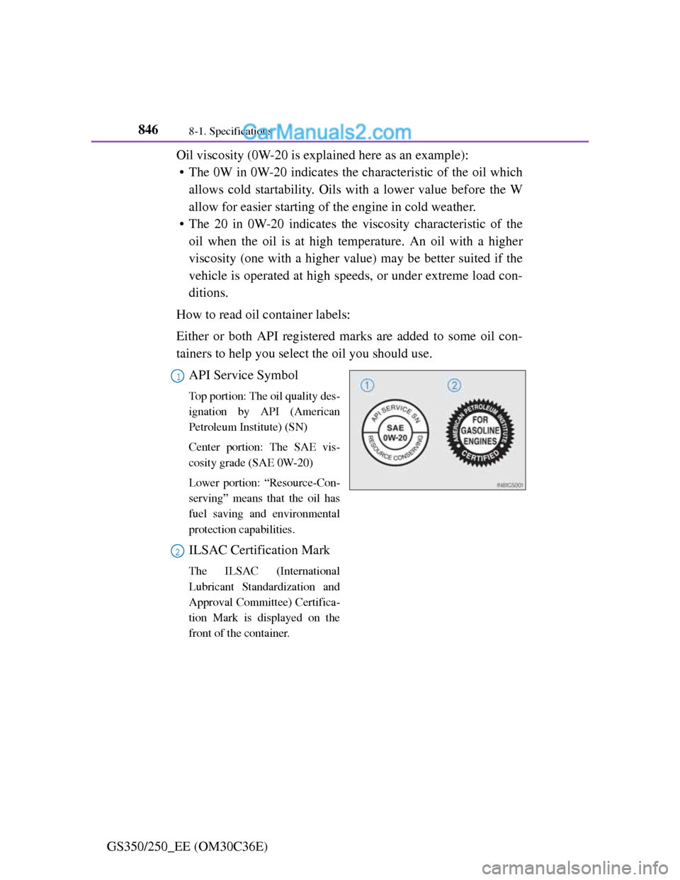 Lexus GS250 2012 Owners Manual 8468-1. Specifications
GS350/250_EE (OM30C36E)Oil viscosity (0W-20 is explained here as an example):
• The 0W in 0W-20 indicates the characteristic of the oil which
allows cold startability. Oils wi Lexus GS250 2012 Owners Manual 8468-1. Specifications
GS350/250_EE (OM30C36E)Oil viscosity (0W-20 is explained here as an example):
• The 0W in 0W-20 indicates the characteristic of the oil which
allows cold startability. Oils wi