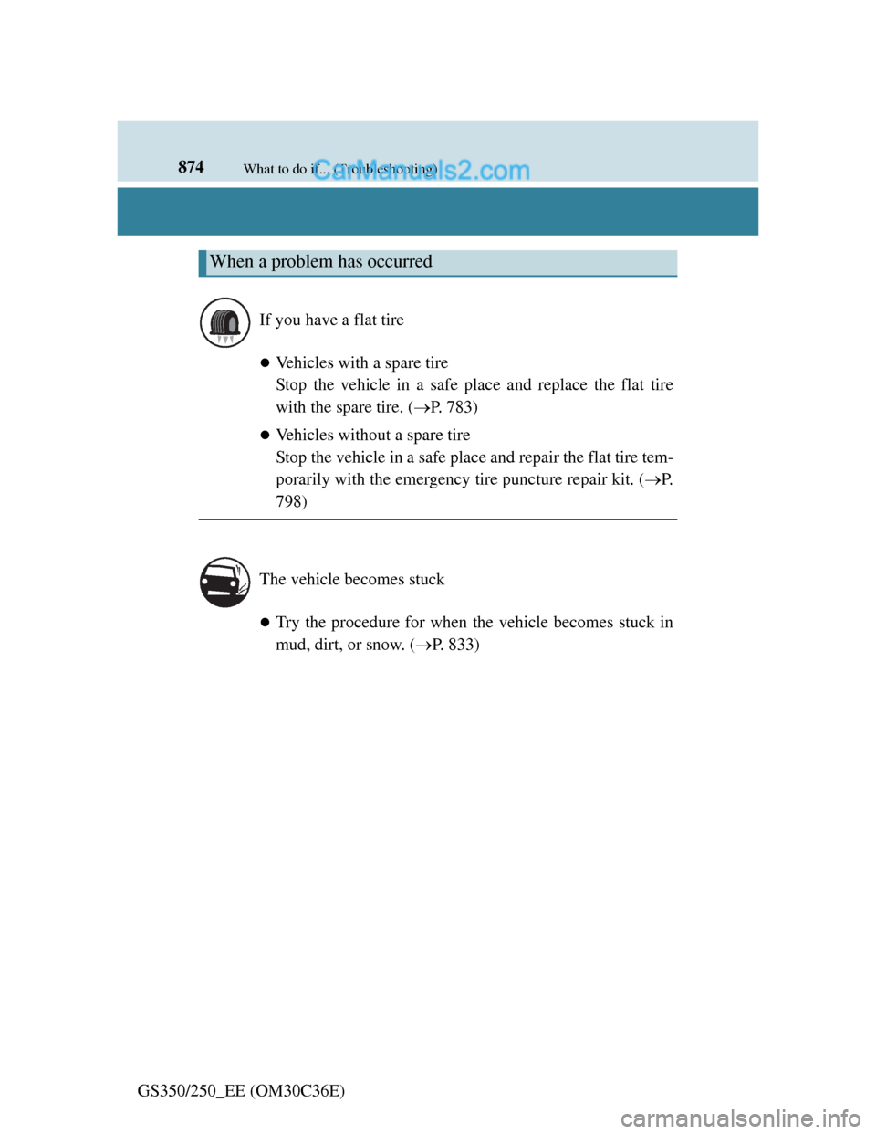 Lexus GS250 2012 Owners Manual 874What to do if... (Troubleshooting)
GS350/250_EE (OM30C36E)
Vehicles with a spare tire
Stop the vehicle in a safe place and replace the flat tire
with the spare tire. (P. 783)
Vehicles with Lexus GS250 2012 Owners Manual 874What to do if... (Troubleshooting)
GS350/250_EE (OM30C36E)
Vehicles with a spare tire
Stop the vehicle in a safe place and replace the flat tire
with the spare tire. (P. 783)
Vehicles with