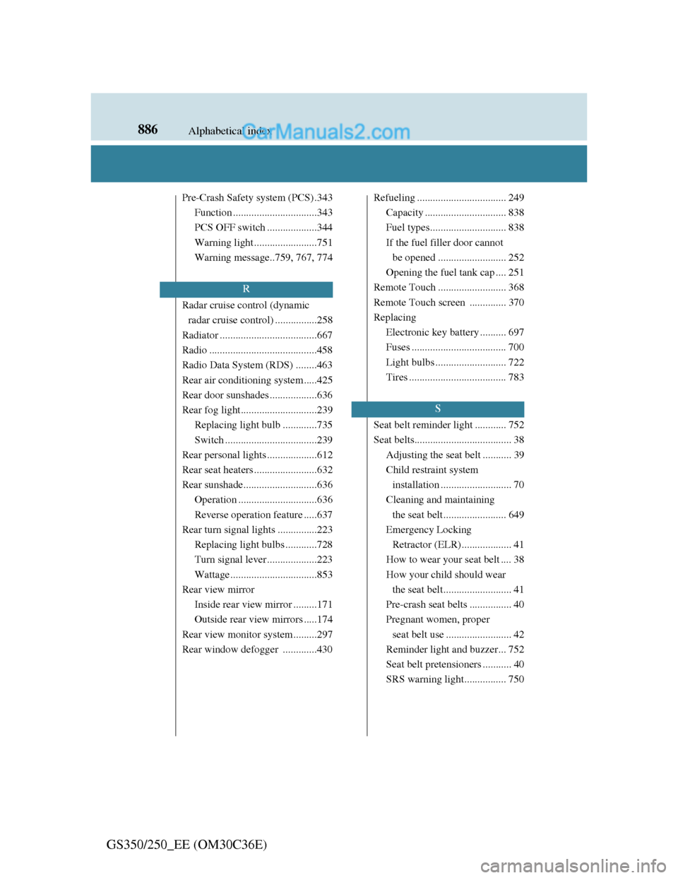 Lexus GS250 2012 Owners Manual 886Alphabetical index
GS350/250_EE (OM30C36E)
Pre-Crash Safety system (PCS) .343
Function ................................343
PCS OFF switch ...................344
Warning light....................... Lexus GS250 2012 Owners Manual 886Alphabetical index
GS350/250_EE (OM30C36E)
Pre-Crash Safety system (PCS) .343
Function ................................343
PCS OFF switch ...................344
Warning light.......................