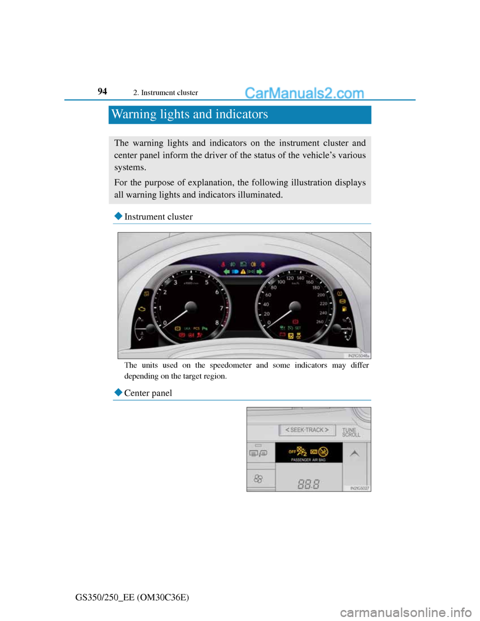 Lexus GS250 2012  Owners Manual 942. Instrument cluster
GS350/250_EE (OM30C36E)
Warning lights and indicators
Instrument cluster
The units used on the speedometer and some indicators may differ
depending on the target region.
