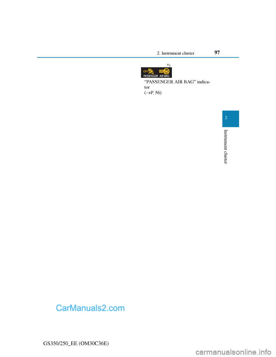 Lexus GS250 2012  Owners Manual 972. Instrument cluster
2
Instrument cluster
GS350/250_EE (OM30C36E)
*1
“PASSENGER AIR BAG” indica-
tor 
(P. 56)  