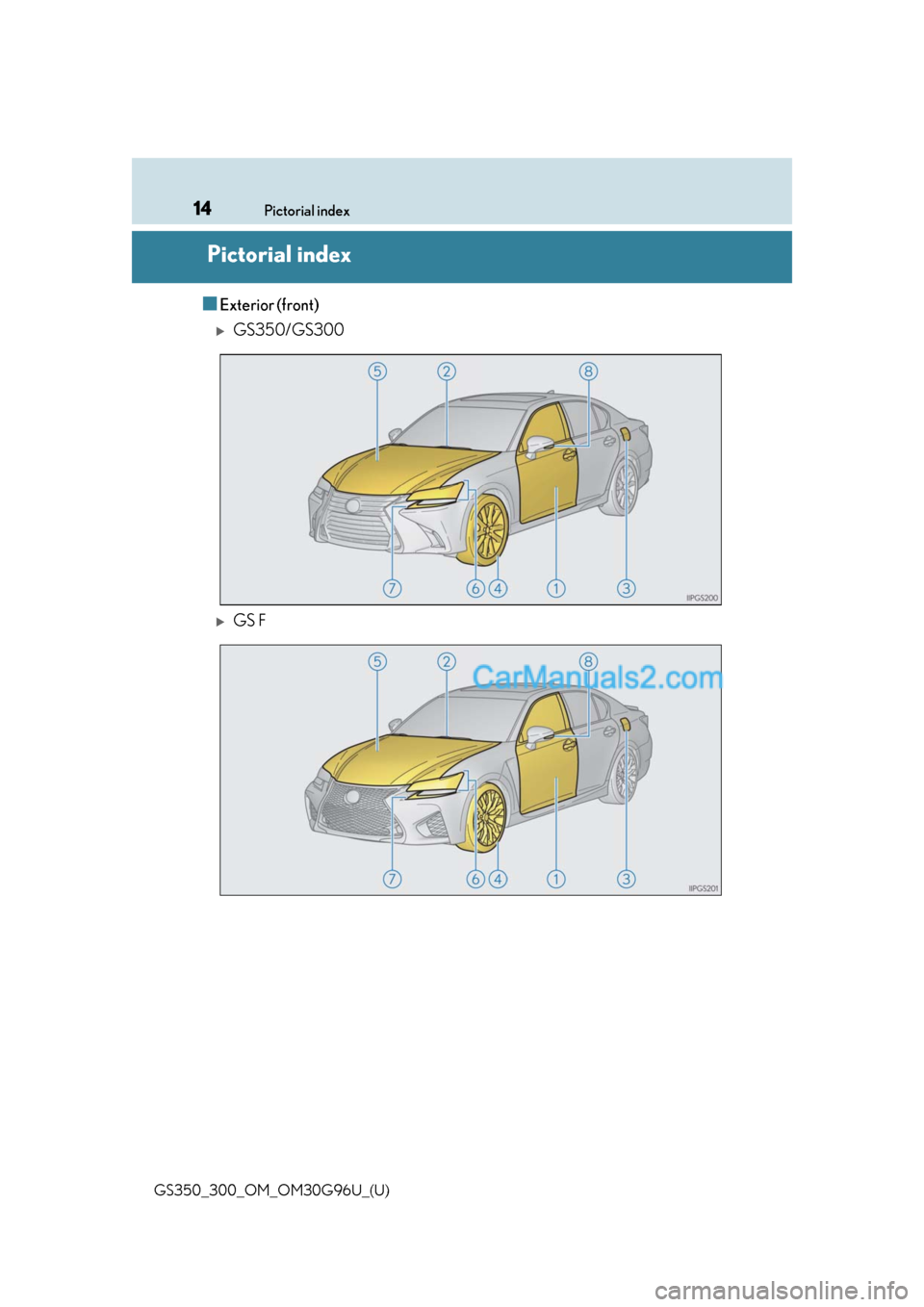 Lexus GS300 2019 User Guide 14Pictorial index
GS350_300_OM_OM30G96U_(U)
Pictorial index
■Exterior (front)
GS350/GS300
GS F  