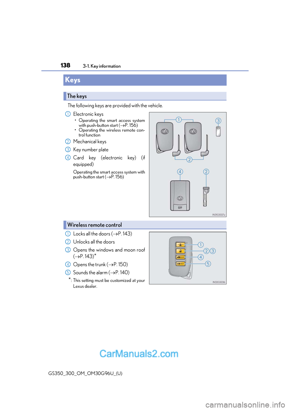 Lexus GS300 2019 Owners Manual 138
GS350_300_OM_OM30G96U_(U)3-1. Key information
Keys
The following keys are provided with the vehicle.
Electronic keys
• Operating the smart access systemwith push-button start ( P. 156)
• Op Lexus GS300 2019 Owners Manual 138
GS350_300_OM_OM30G96U_(U)3-1. Key information
Keys
The following keys are provided with the vehicle.
Electronic keys
• Operating the smart access systemwith push-button start ( P. 156)
• Op
