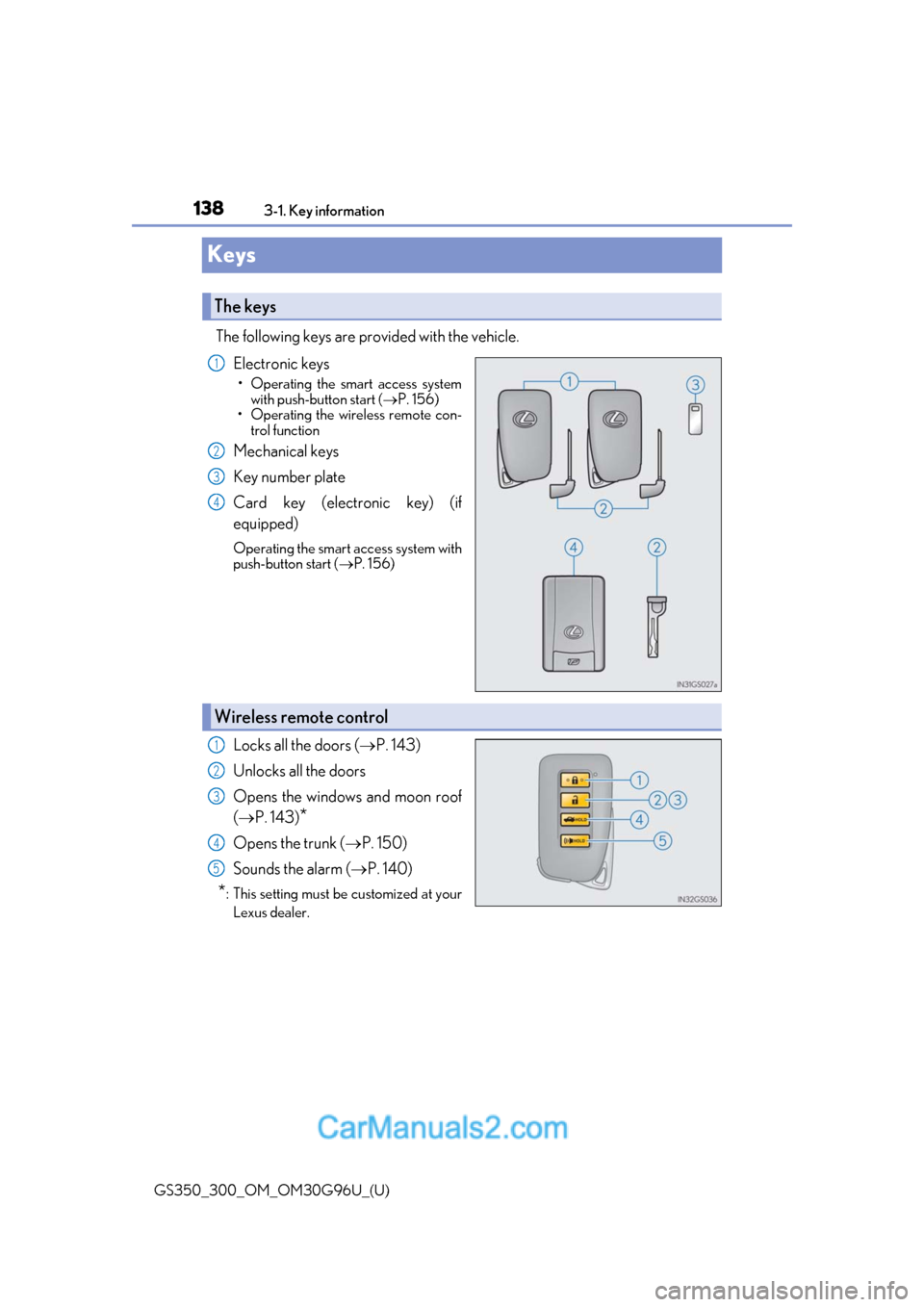 Lexus GS300 2019  Owners Manual 138
GS350_300_OM_OM30G96U_(U)3-1. Key information
Keys
The following keys are provided with the vehicle.
Electronic keys
• Operating the smart access systemwith push-button start ( P. 156)
• Op