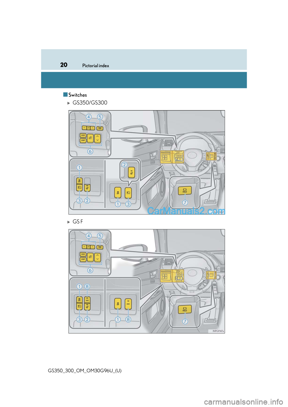Lexus GS300 2019 User Guide 20Pictorial index
GS350_300_OM_OM30G96U_(U)
■Switches
GS350/GS300
GS F  