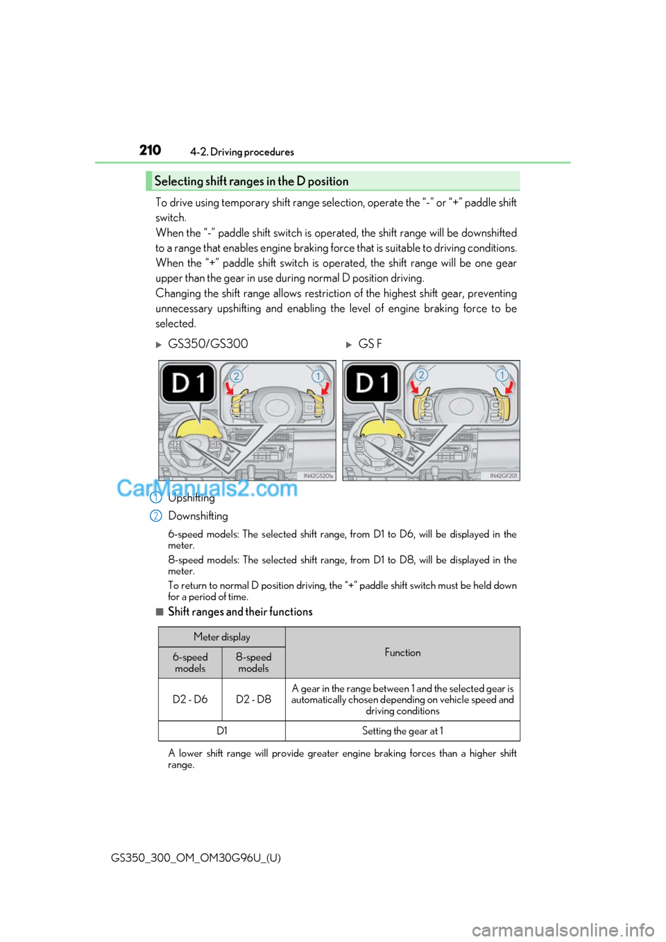 Lexus GS300 2019 Owners Manual 210
GS350_300_OM_OM30G96U_(U)4-2. Driving procedures
To drive using temporary shift range selection, operate the “-” or “+” paddle shift
switch.
When the “-” paddle shift switch is oper
a Lexus GS300 2019 Owners Manual 210
GS350_300_OM_OM30G96U_(U)4-2. Driving procedures
To drive using temporary shift range selection, operate the “-” or “+” paddle shift
switch.
When the “-” paddle shift switch is oper
a