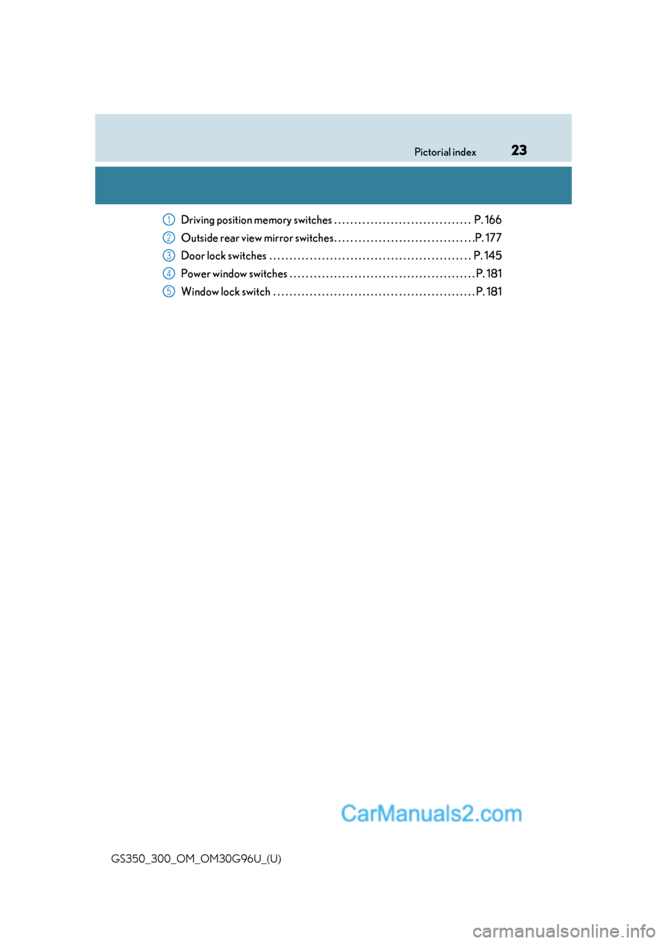Lexus GS300 2019  Owners Manual 23Pictorial index
GS350_300_OM_OM30G96U_(U)
Driving position memory switches . . . . . . . . . . . . . . . . . . . . . . . . . . . . . . . . . .  P. 166
Outside rear view mirror switches . . . . . . .