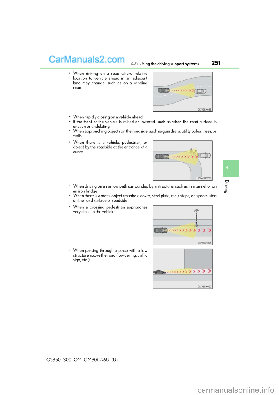 Lexus GS300 2019 Owners Manual GS350_300_OM_OM30G96U_(U)
2514-5. Using the driving support systems
4
Driving
• When rapidly closing on a vehicle ahead
• If the front of the vehicle is raised or lowered, such as when the road su Lexus GS300 2019 Owners Manual GS350_300_OM_OM30G96U_(U)
2514-5. Using the driving support systems
4
Driving
• When rapidly closing on a vehicle ahead
• If the front of the vehicle is raised or lowered, such as when the road su
