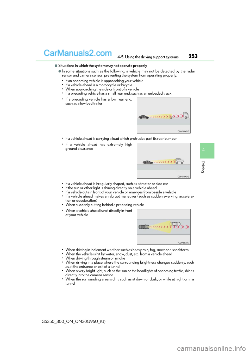 Lexus GS300 2019 Owners Guide GS350_300_OM_OM30G96U_(U)
2534-5. Using the driving support systems
4
Driving
■Situations in which the system may not operate properly
●In some situations such as the following, a vehicle may not Lexus GS300 2019 Owners Guide GS350_300_OM_OM30G96U_(U)
2534-5. Using the driving support systems
4
Driving
■Situations in which the system may not operate properly
●In some situations such as the following, a vehicle may not