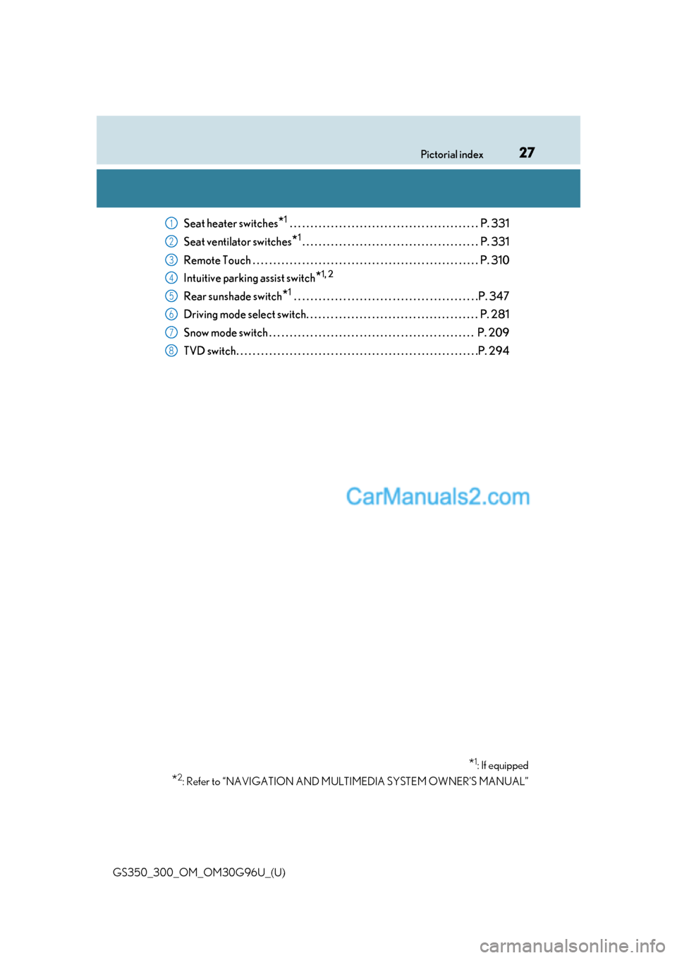 Lexus GS300 2019  Owners Manual 27Pictorial index
GS350_300_OM_OM30G96U_(U)
Seat heater switches*1 . . . . . . . . . . . . . . . . . . . . . . . . . . . . . . . . . . . . . . . . . . . . . .  P. 331
Seat ventilator switches
*1. . . 