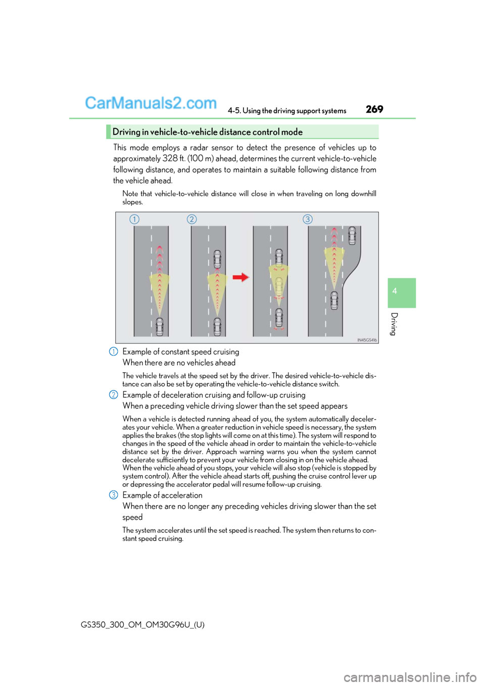 Lexus GS300 2019  Owners Manual GS350_300_OM_OM30G96U_(U)
2694-5. Using the driving support systems
4
Driving
This mode employs a radar sensor to detect the presence of vehicles up to
approximately 328 ft. (100 m) ahead, determines 