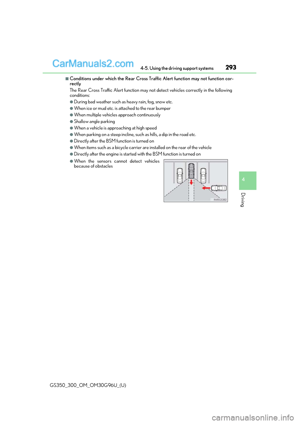Lexus GS300 2019  Owners Manual GS350_300_OM_OM30G96U_(U)
2934-5. Using the driving support systems
4
Driving
■Conditions under which the Rear Cross Traffic Alert function may not function cor-
rectly
The Rear Cross Traffic Alert 