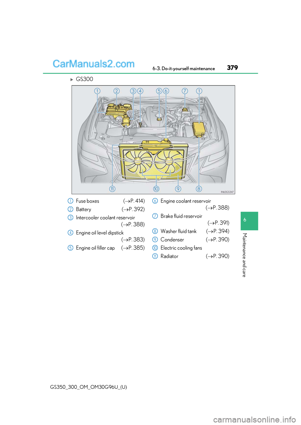 Lexus GS300 2019 Owners Manual GS350_300_OM_OM30G96U_(U)
3796-3. Do-it-yourself maintenance
6
Maintenance and care
GS300
Fuse boxes (P. 414)
Battery (P. 392)
Intercooler coolant reservoir (P. 388)
Engine oil level dipst Lexus GS300 2019 Owners Manual GS350_300_OM_OM30G96U_(U)
3796-3. Do-it-yourself maintenance
6
Maintenance and care
GS300
Fuse boxes (P. 414)
Battery (P. 392)
Intercooler coolant reservoir (P. 388)
Engine oil level dipst