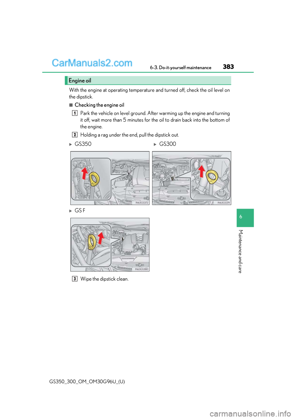 Lexus GS300 2019  Owners Manual GS350_300_OM_OM30G96U_(U)
3836-3. Do-it-yourself maintenance
6
Maintenance and care
With the engine at operating temperature and turned off, check the oil level on
the dipstick.
■Checking the engine
