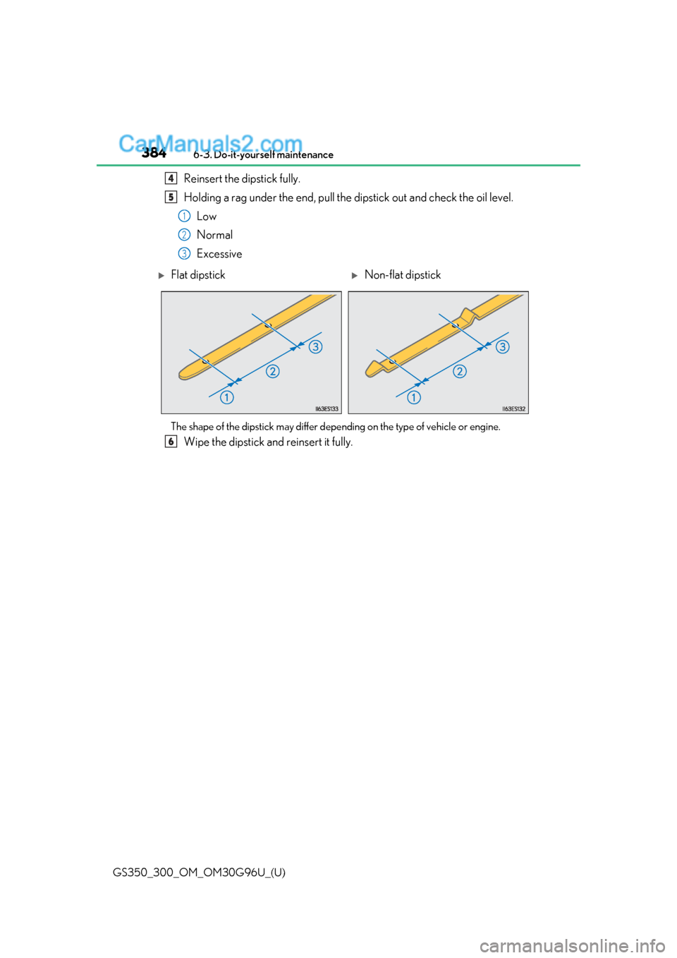 Lexus GS300 2019 Owners Guide 384
GS350_300_OM_OM30G96U_(U)6-3. Do-it-yourself maintenance
Reinsert the dipstick fully.
Holding a rag under the end, pull the dipstick out and check the oil level.
Low
Normal
Excessive
The shape of 