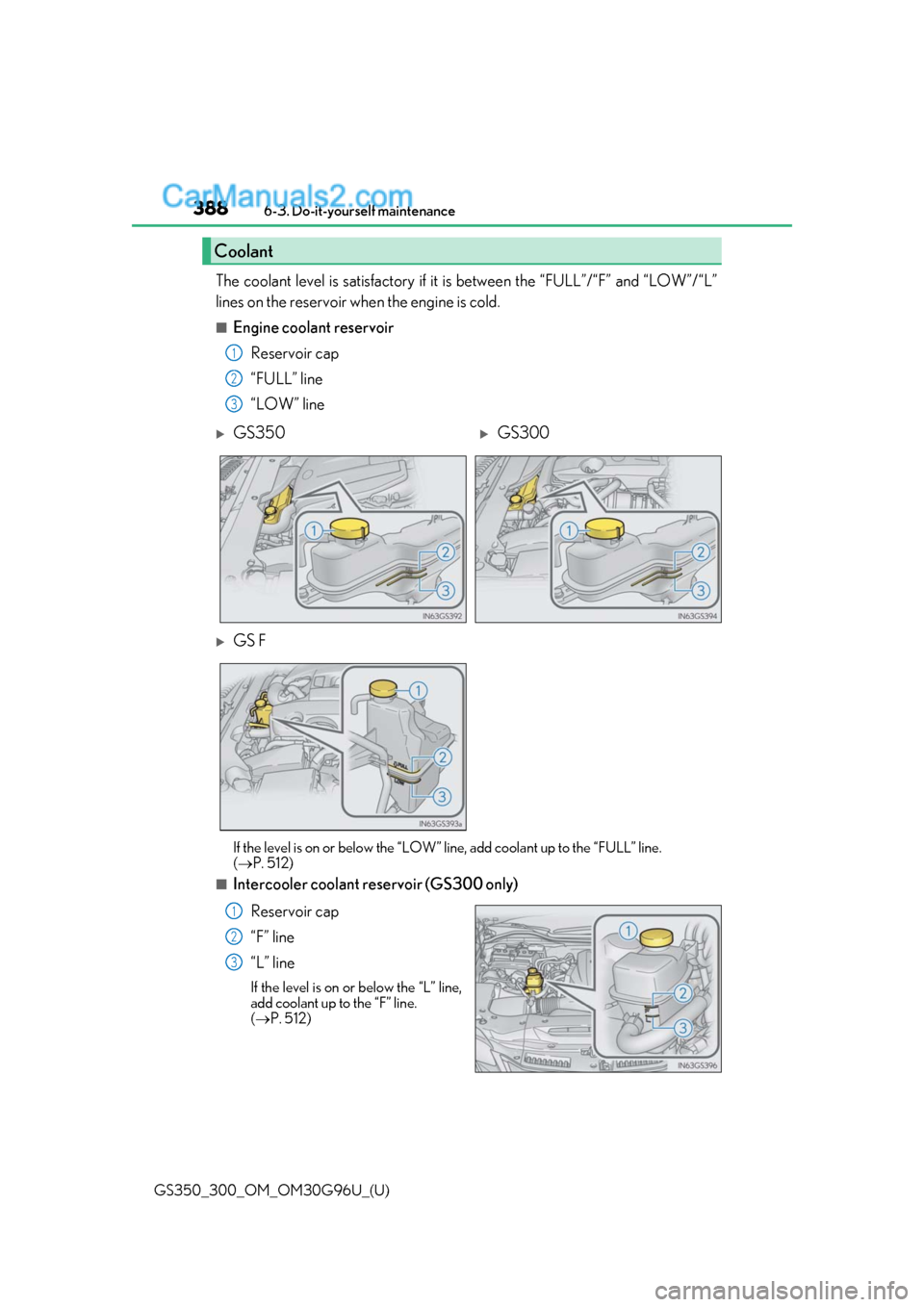 Lexus GS300 2019  Owners Manual 388
GS350_300_OM_OM30G96U_(U)6-3. Do-it-yourself maintenance
The coolant level is satisfactory if it 
is between the “FULL”/“F” and “LOW”/“L”
lines on the reservoir when the engine is 