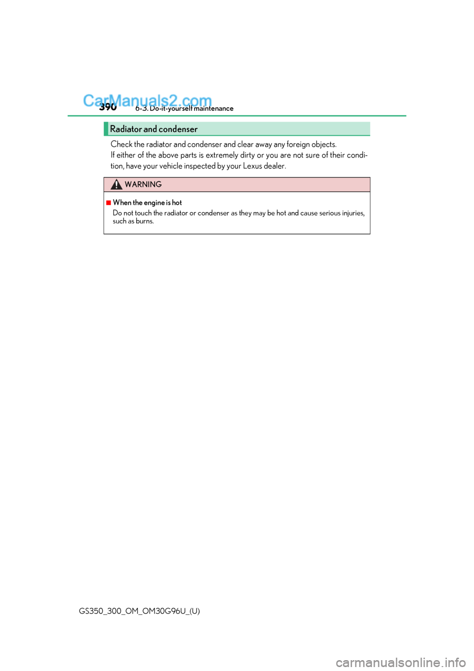 Lexus GS300 2019 Service Manual 390
GS350_300_OM_OM30G96U_(U)6-3. Do-it-yourself maintenance
Check the radiator and condenser an
d clear away any foreign objects. 
If either of the above parts is extremely  dirty or you are not sure