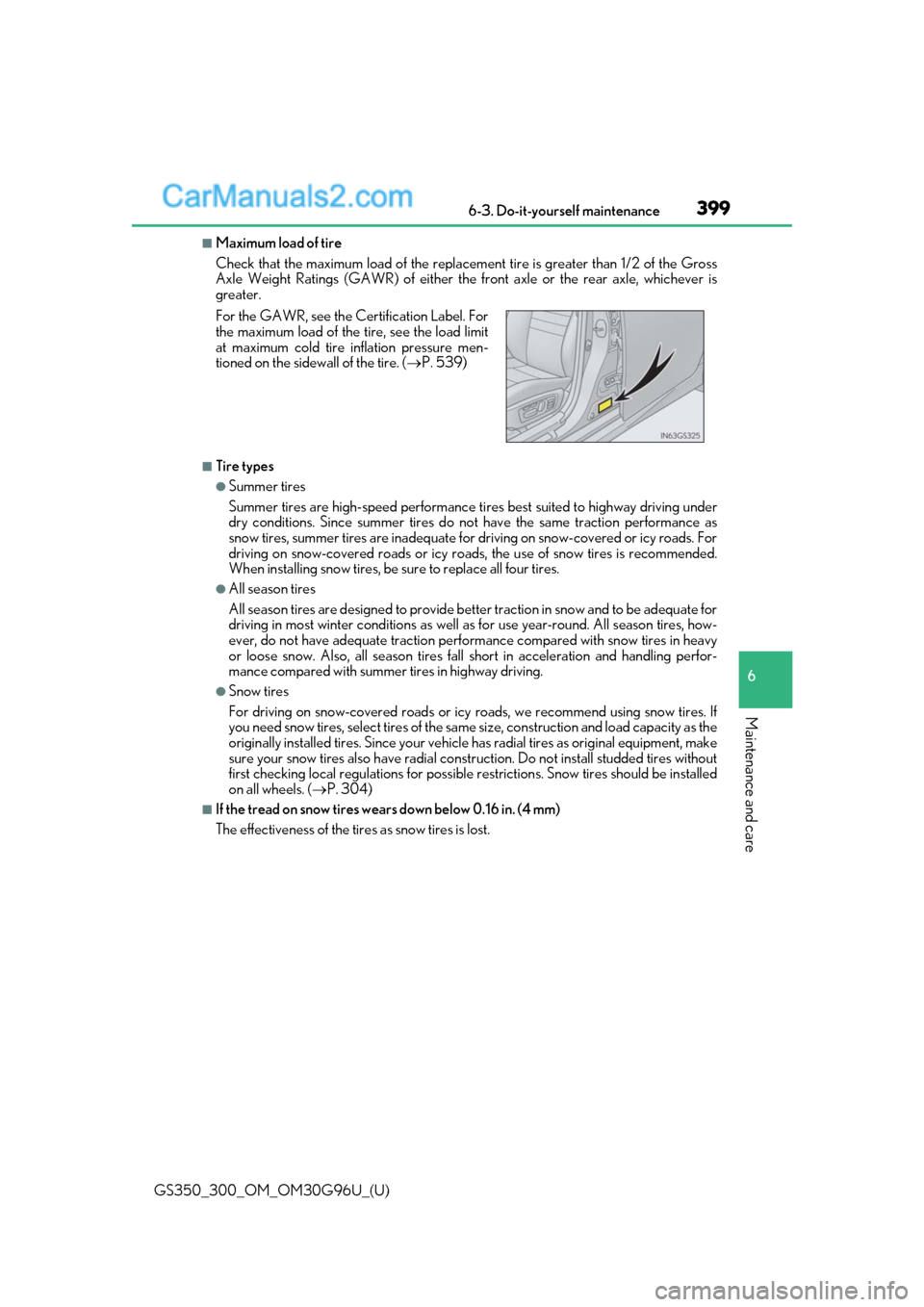 Lexus GS300 2019 Workshop Manual GS350_300_OM_OM30G96U_(U)
3996-3. Do-it-yourself maintenance
6
Maintenance and care
■Maximum load of tire
Check that the maximum load of the replacement tire is greater than 1/2 of the Gross
Axle We