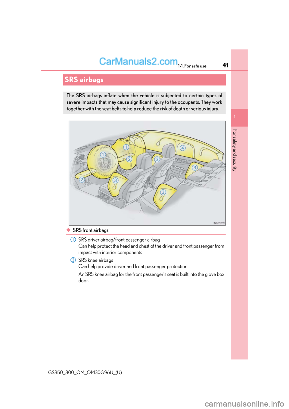 Lexus GS300 2019  Owners Manual 411-1. For safe use
GS350_300_OM_OM30G96U_(U)
1
For safety and security
SRS airbags
◆SRS front airbags SRS driver airbag/front passenger airbag
Can help protect the head and chest of  the driver and