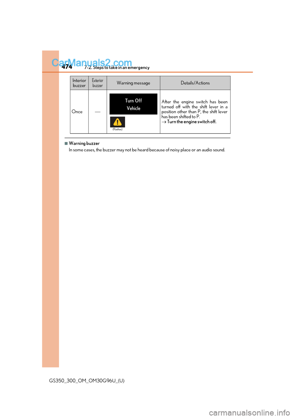Lexus GS300 2019  Owners Manual 4747-2. Steps to take in an emergency
GS350_300_OM_OM30G96U_(U)
■Warning buzzer
In some cases, the buzzer may not be heard because of noisy place or an audio sound.
Once
After the engine switch h