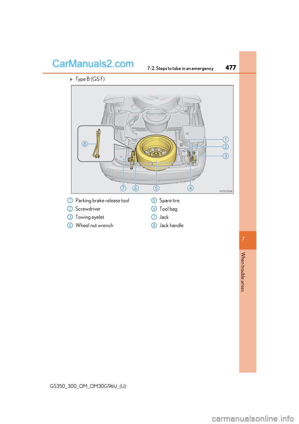 Lexus GS300 2019  Owners Manual 4777-2. Steps to take in an emergency
GS350_300_OM_OM30G96U_(U)
7
When trouble arises
Type B (GS F)
Parking brake release tool
Screwdriver 
Towing eyelet
Wheel nut wrench Spare tire
Tool bag
Jack
J