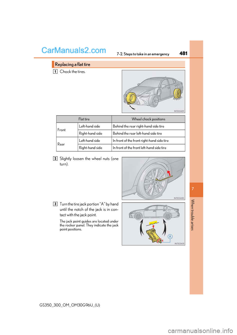 Lexus GS300 2019 Owners Manual 4817-2. Steps to take in an emergency
GS350_300_OM_OM30G96U_(U)
7
When trouble arises
Chock the tires.
Slightly loosen the wheel nuts (one
turn).
Turn the tire jack portion “A” by hand
until the n Lexus GS300 2019 Owners Manual 4817-2. Steps to take in an emergency
GS350_300_OM_OM30G96U_(U)
7
When trouble arises
Chock the tires.
Slightly loosen the wheel nuts (one
turn).
Turn the tire jack portion “A” by hand
until the n