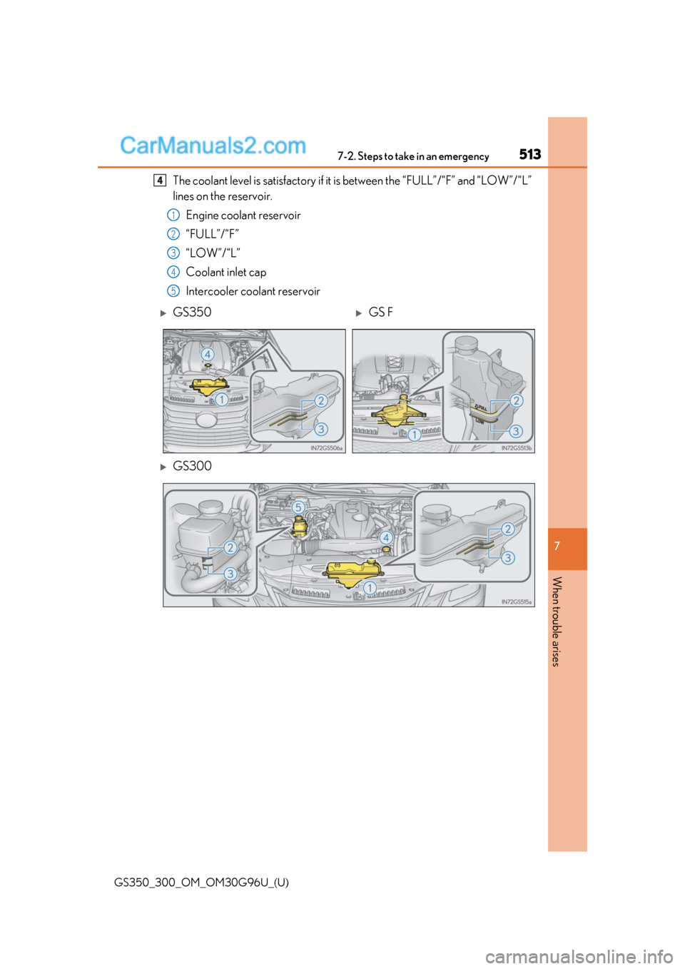 Lexus GS300 2019 User Guide 5137-2. Steps to take in an emergency
GS350_300_OM_OM30G96U_(U)
7
When trouble arises
The coolant level is satisfactory if it  is between the “FULL”/“F” and “LOW”/“L”
lines on the rese