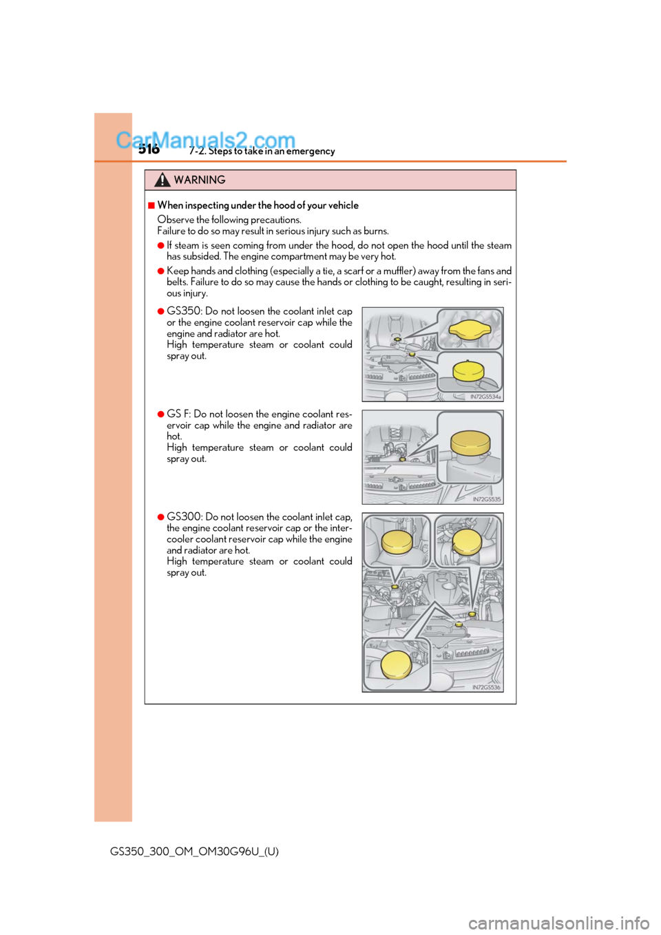 Lexus GS300 2019 Owners Guide 5167-2. Steps to take in an emergency
GS350_300_OM_OM30G96U_(U)
WARNING
■When inspecting under the hood of your vehicle
Observe the following precautions. 
Failure to do so may result in serious inj