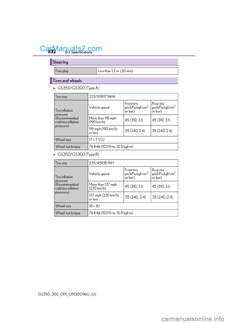 Lexus GS300 2019 Service Manual 532
GS350_300_OM_OM30G96U_(U)8-1. Specifications
GS350/GS300 (Type A)
GS350/GS300 (Type B)
Steering
Free playLess than 1.2 in. (30 mm)
Tires and wheels
Tire size225/50R17 94W
Tire inflation 
pre