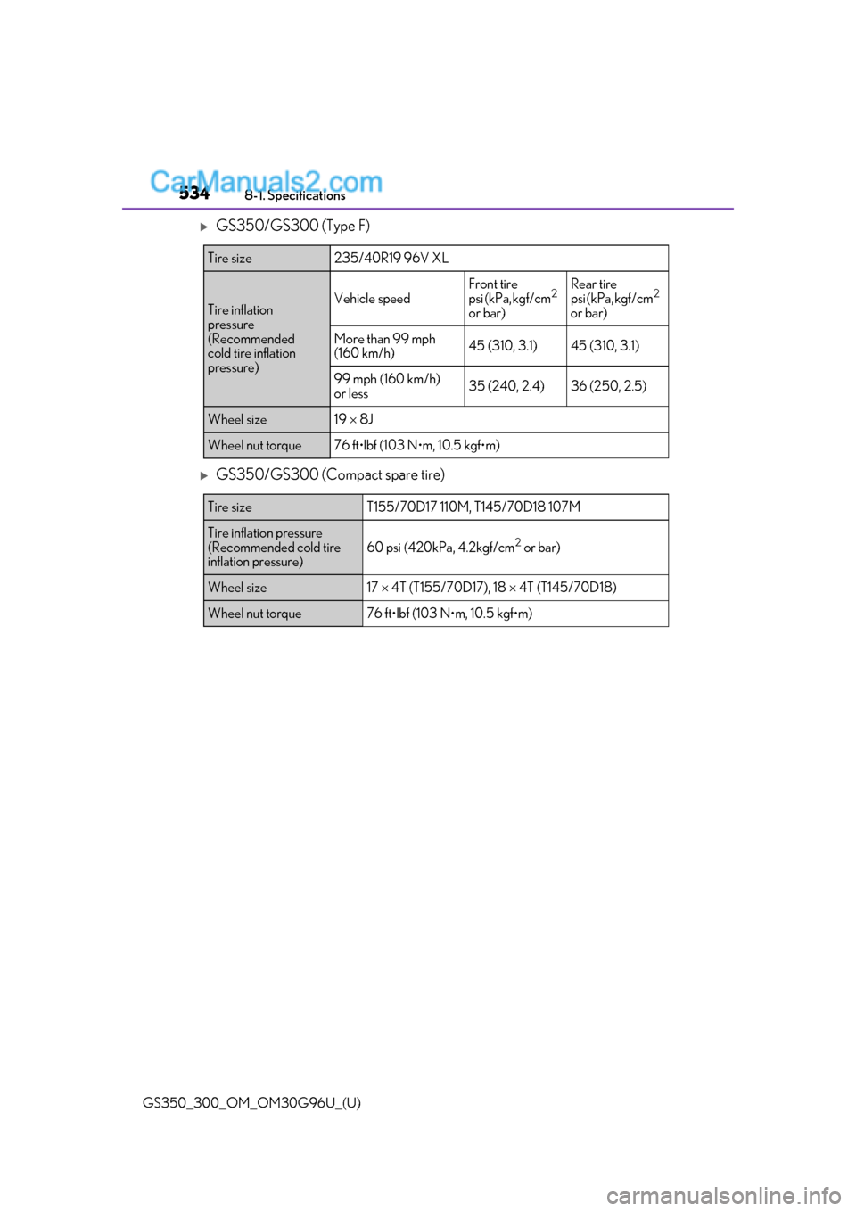 Lexus GS300 2019 Owners Manual 534
GS350_300_OM_OM30G96U_(U)8-1. Specifications
GS350/GS300 (Type F)
GS350/GS300 (Compact spare tire)
Tire size235/40R19 96V XL
Tire inflation
pressure
(Recommended
cold tire inflation
pres Lexus GS300 2019 Owners Manual 534
GS350_300_OM_OM30G96U_(U)8-1. Specifications
GS350/GS300 (Type F)
GS350/GS300 (Compact spare tire)
Tire size235/40R19 96V XL
Tire inflation
pressure
(Recommended
cold tire inflation
pres