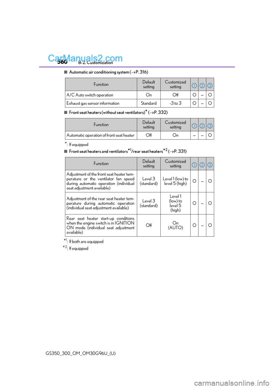 Lexus GS300 2019  Owners Manual 560
GS350_300_OM_OM30G96U_(U)8-2. Customization
■Automatic air conditioning system (
P. 316)
■Front seat heaters (wit hout seat ventilators)* ( P. 332)
*: If equipped
■Front seat heaters a