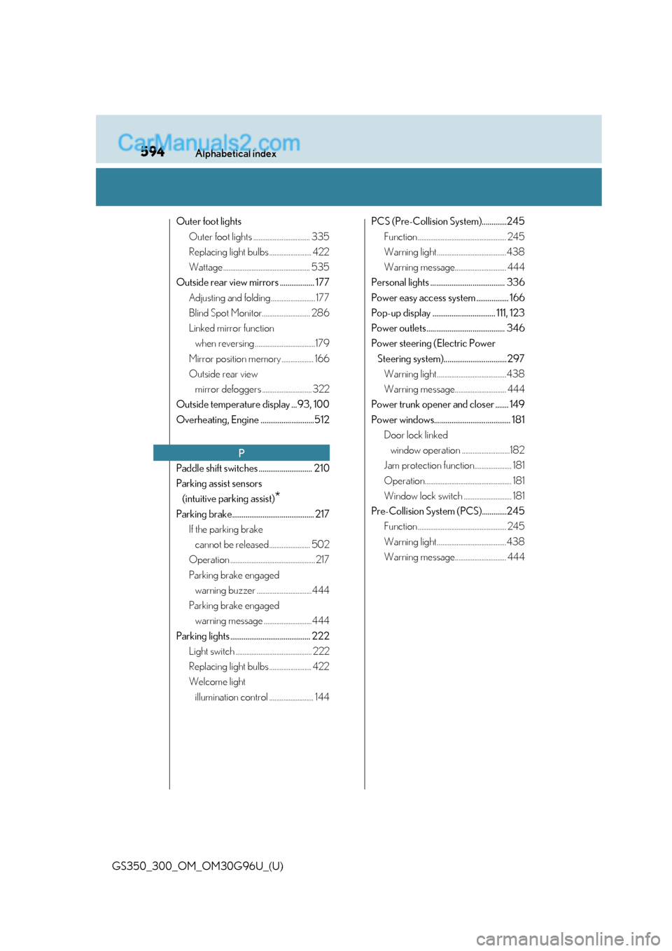 Lexus GS300 2019  Owners Manual 594Alphabetical index
GS350_300_OM_OM30G96U_(U)
Outer foot lightsOuter foot lights ................................ 335
Replacing light bulbs ........................ 422
Wattage .....................