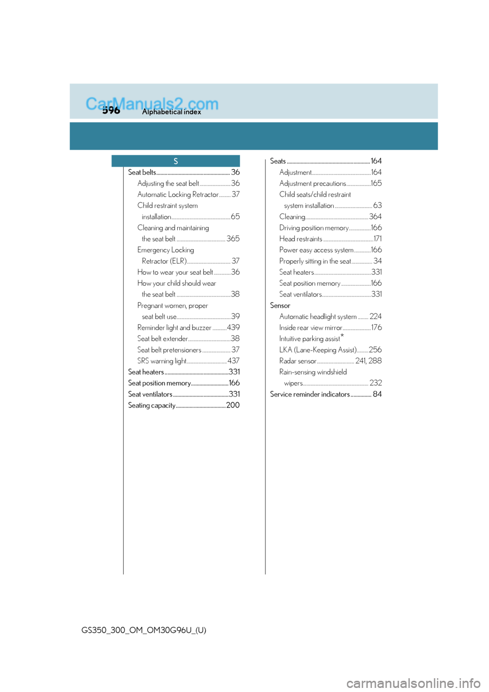 Lexus GS300 2019  Owners Manual 596Alphabetical index
GS350_300_OM_OM30G96U_(U)
Seat belts..................................................... 36Adjusting the seat belt ........................ 36
Automatic Locking Retractor.......